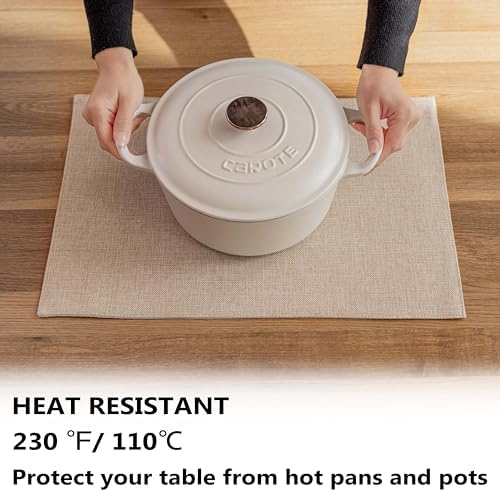 Demetex Placemats Set of 6 Heat Resistant Dining Table Mats Linen Cloth Placemats for Kitchen Indoor Outdoor Place Mats, Light Linen