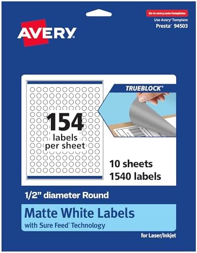 Avery® TrueBlock® Matte White Round Labels, Sure Feed® Technology, 0.5" Diameter, 1,540 Matte White Labels, Print-to-The-Edge, Laser/Inkjet Printable, Great for Product Merchandising Stickers