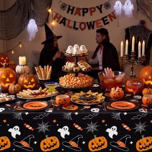CXPSINC 54 Inch X 300 Feet Plastic Table Cover Roll Disposable Halloween Tablecloth with Slide Cutter Pumpkin Ghost Plistic Table Covers for Halloween Party Decorations(Pumpkin Ghost, 300 Feet)