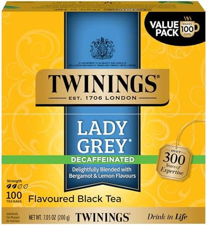 Twinings Decaffeinated Lady Grey Black Tea Individually Wrapped Bags, 100 Count (Pack of 1), Orange Peel & Lemon Peel, Fresh and Uplifting, Caffeinated, Enjoy Hot or Iced, 100 Teabags