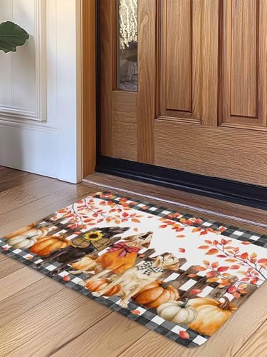 Fall Door Mat Orange Pumpkin Dog Doormat Bow Puppy Maple Leaves Fence Plaid Harvest Thanksgiving Welcome Mat Non Slip Entryway Front Rug Floor Mat for Indoor Outdoor Kitchen Autumn Holiday Decor 24x36