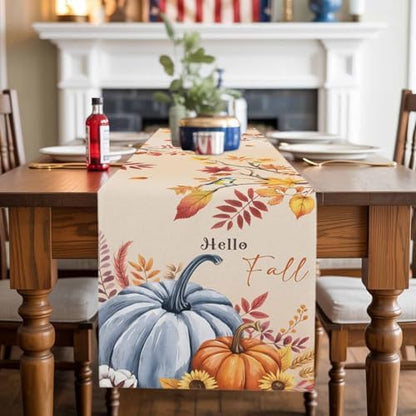Fall Table Runner Hello Fall Pumpkin Table Runners Harvest Thanksgiving Maple Leaves Sunflower Bird Cotton Linen Dresser Scarf Kitchen Dining Table Decor for Autumn Holiday Party Coffee 13x120 Inch