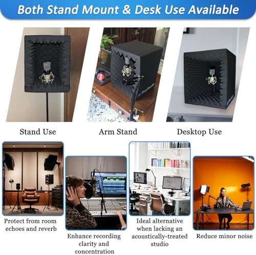 TroyStudio Portable Vocal Booth, Large Foldable Microphone Isolation Shield, Music Recording Studio Sound Echo Absorbing Box, Desk & Stand Use Reflection Filter with Thickened Dense Acoustic Foam