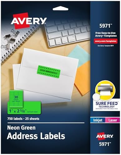 Avery Printable Address Labels, Sure Feed Technology, 1" x 2-5/8", Neon Green, Laser & Inkjet Compatible, 750 Blank Labels Total, Great for Branding, Mailing, Organizing, and More (5971)