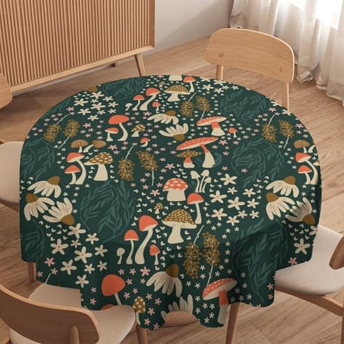 Mushroom Table Cloth, Vintage Woodland Summer Flowers Plants Forest Botanical Leaves Table Cover for Farmhouse Kitchen Dining Room Table Decor, 70x70in