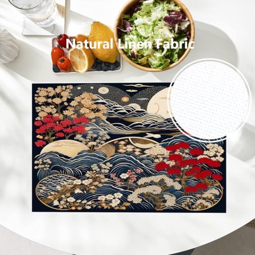 Batmerry Flowers Waves Placemats, Beautiful Nature Scene with Moon Washable Linen Table Mats for Kitchen Table Double Insulation Decor Dining Set Indoor Outdoor 12X18 in Set of 6