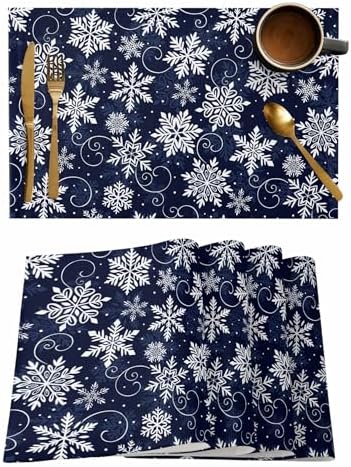 Christmas Placemat 1PC, White Navy Snowflakes Pattern Heat Resistant Washable Table Place Mats Winter Cotton Table Linens Party Holiday Decor for Kitchen Dining Outdoor Indoor