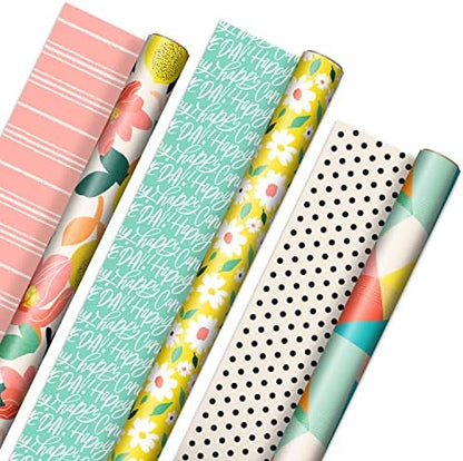 Hallmark Kids Birthday & Spring Wrapping Paper Bundle (6 Rolls: 195 Sq. Ft. Ttl) Monsters, Unicorns, Polka Dots, Floral, Lemons, Abstract