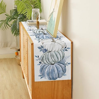 Fall Table Runner White Blue Pumpkin Table Runners Harvest Thanksgiving Blue Eucalyptus Leaves Cotton Linen Dresser Scarf Kitchen Dining Table Decor for Autumn Holiday Party Coffee 13x72 Inch