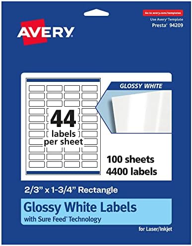 Avery® Glossy White Rectangle Labels, Sure Feed® Technology, 2/3" x 1-3/4", 4,400 Glossy White Labels, Print-to-The-Edge, Permanent Adhesive, Laser/Inkjet Printable