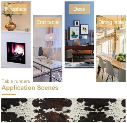 Cow Animal Skin Print Table Runner, Rustic Cottage Country Farm Animal Fur Skin Pattern Western Style Black Brown Cowhide Print Dinner Runner for Home Kitchen Dining Table Decoration 13"x108"