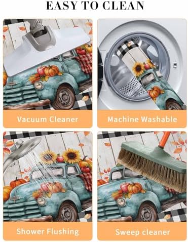 Fall Door Mat Harvest Pumpkin Teal Truck Doormat Sunflower Maple Leaves Wood Plaid Harvest Thanksgiving Welcome Mat Non Slip Entryway Front Rug Floor Mat for Indoor Outdoor Kitchen Autumn 18x30