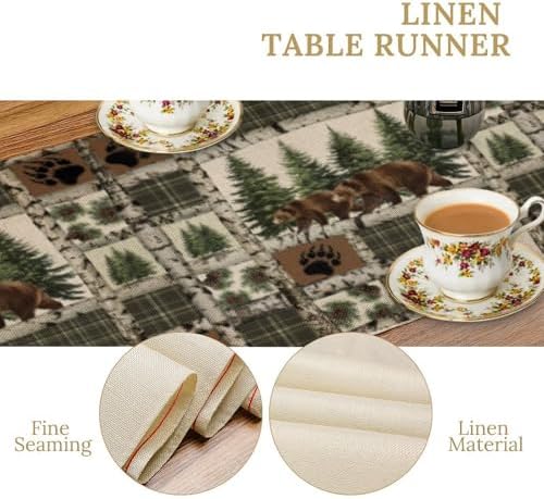 Rustic Cabin Moose Deer Bear Table Runner, Retro Bear Cottage Country Style Cabin Farmhouse Dinner Runner for Home Kitchen Dining Table Decoration 13x36inch