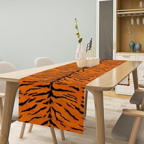 Vintage Tiger Print Table Runner, Rustic Cottage Country Farm Animal Fur Skin Pattern Western Style Black Brown Print Dinner Runner for Home Kitchen Dining Table Decoration 13x90 Inch