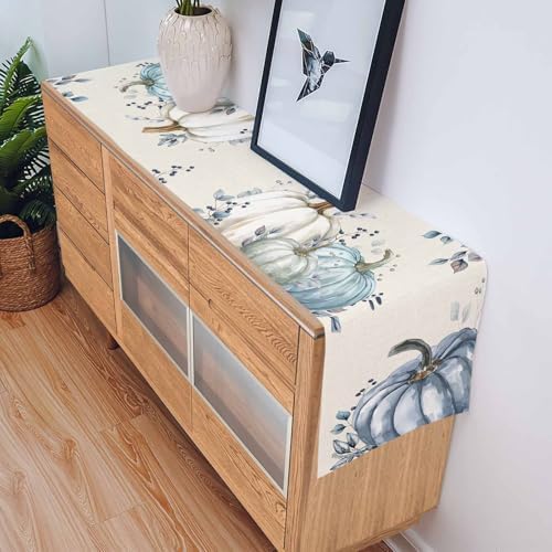 Fall Pumpkin Table Runner Dresser Scarf 13 x 48 Inch White Blue Leaves Rustic Table Runners Non-Slip Heat Resistant Kitchen Dining Table Decor for Autumn Thanksgiving Holidays Indoor Outdoor