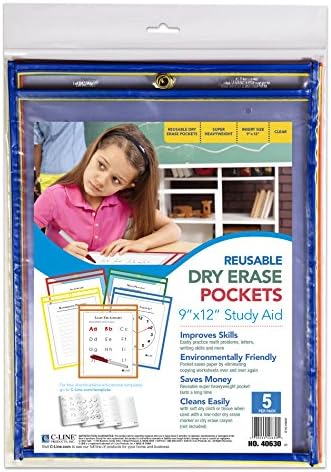 C-Line Reusable Dry Erase Pockets, 9 x 12 Inches, Assorted Primary Colors, 5 Pockets per Pack (40630) (Pack of 3)