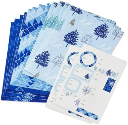 Hallmark Flat Wrapping Paper, 12 Sheets with Stickers (Blue)
