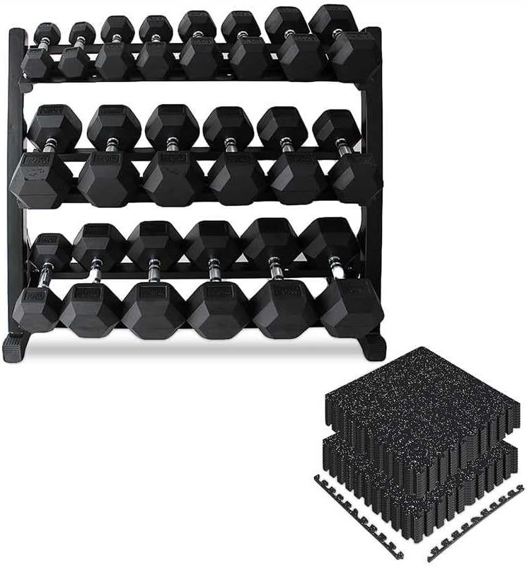 350/450/550lb Hex Dumbbell Set with Vertical Weight Rack (5-50 Lbs Rubber Coated Cast Iron) & 12-Piece EVA Gym Floor Mat Bundle (48 Sq Ft, 24"x24") - Non-Slip Handles, Heavy Duty Storage, Home Gym Essentials