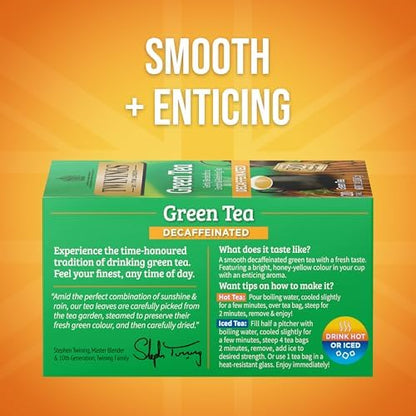 Twinings Decaffeinated Green Tea Individually Wrapped Bags, 20 Count (Pack of 1), Smooth Flavour, Enticing Aroma, Enjoy Hot or Iced, 20 Teabags