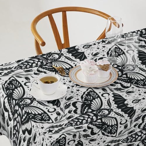 Boho Moth Tablecloth, Gothic Mysterious Halloween Black White Death Butterfly Bat Witch Print Table Cloth for Kitchen Dining Picnic Party Restaurant Decoration 55x55in