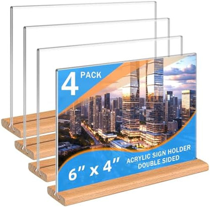 Kersally Acrylic Sign Holder 6 x 4, 4 Pack Double-Sided Clear Table Display Stands with Wood Base,Horizontal Acrylic Frame Menu Flyer Paper Holder for Store, Restaurant, Hotel, Office, Show Fair