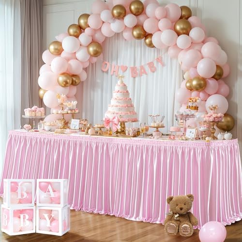 Wish Care 14ft Pink Satin Table Skirt for Rectangle Tables Wrinkle Free Teacher Desk Skirt Glitter Ruffle Table Skirting Cloth for Back to School Classroom Office Dorm Girls Birthday Party Table Decor