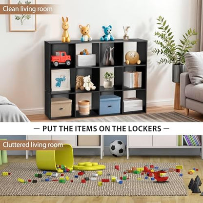 12 Cube Storage Organizer, Storage Shelf Organizer Bookshelf with Open Back, Open Shelf Bookcase, Wood Cubby Closet Cabinet Display Unit with 6 Removable Back Panels for Living Room Bedroom, Black