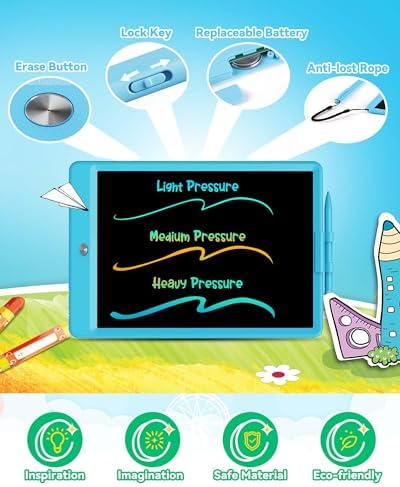 KOKODI 10 Inch LCD Writing Tablet with Anti-Lost Stylus, Erasable Doodle Board Colorful Toddler Drawing Pad, Car Travel School Games Toys for 3 4 5 6 7 8 Kids, Birthday Gift for Girls Boys Adults Blue