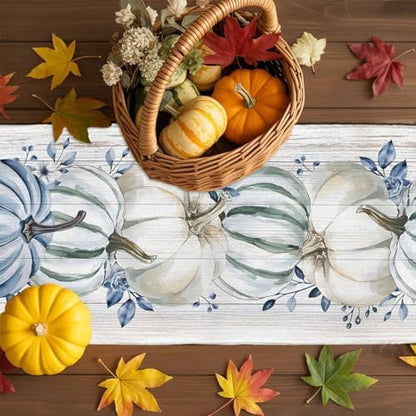 Fall Table Runner Blue Pumpkin Table Runners Harvest Thanksgiving White Blue Pumpkins Wooden Cotton Linen Dresser Scarf Kitchen Dining Table Decor for Autumn Holiday Party Coffee 13x48 Inch
