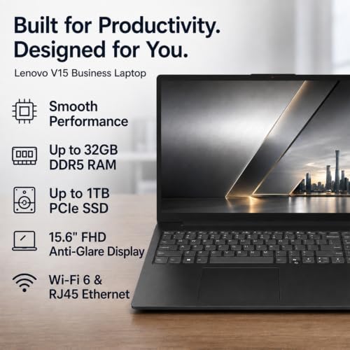Lenovo 2026 V15 Slim Business Laptop, 15.6" FHD Display, Powerful Intel Quad-Core Processor, 16GB DDR5 RAM, 1TB SSD, Wi-Fi 6, RJ45 Ethernet, HDMI, 8-Hour Battery, Windows 11 Pro, MS 365 for the Web