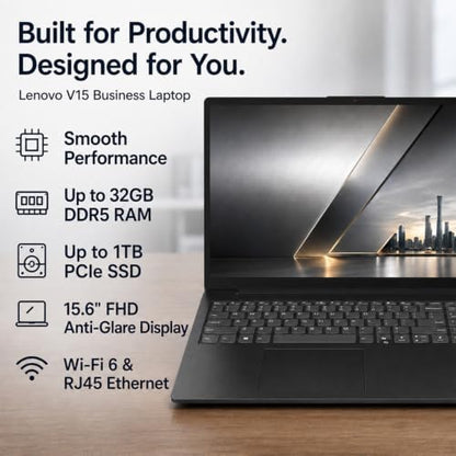 Lenovo 2026 V15 Slim Business Laptop, 15.6" FHD Display, Powerful Intel Quad-Core Processor, 16GB DDR5 RAM, 1TB SSD, Wi-Fi 6, RJ45 Ethernet, HDMI, 8-Hour Battery, Windows 11 Pro, MS 365 for the Web