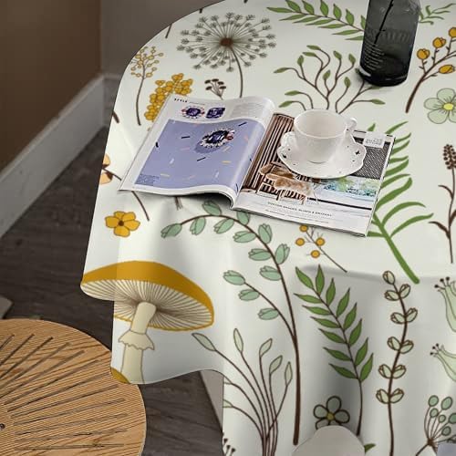 Wild Mushroom Tablecloth, Vintage Botanical Rustic Wildflower Herbs Plants Green Mushroom Table Cloth for Farmhouse Kitchen Dinning Room Picnic Parties Home Decor, 70x70in