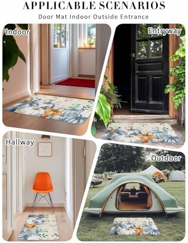Fall Door Mat Blue Pumpkin Doormat Eucalyptus Leaves Branch Harvest Thanksgiving Welcome Mat Non Slip Rubber Entryway Front Rug Floor Mat for Indoor Outdoor Kitchen Autumn Holiday Home Decor 18x30