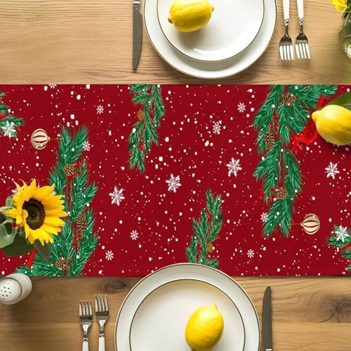 Christmas Cartoon Snowman Table Runner Dresser Scarf 13 x 108 Inch Holly Bird Pine Tree Snow Red Table Runners Non-Slip Heat Resistant Kitchen Dining Table Decor for Winter Holidays Indoor Outdoor