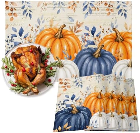 Fall Thanksgiving Placemats Set of 4, Orange Navy Blue Pumpkin Heat Resistant Washable Dining Table Mats Fall Holiday Farmhouse Decor for Kitchen&Linens Outdoor Indoor, Harvest Autumn Leaves