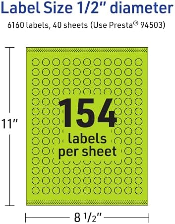 Avery Printable Round Labels, Sure Feed Technology, 1/2" Diameter, Bright Green Labels, Print-to-the-Edge, Laser/Inkjet, 6,160 Total, Great for Price Stickers and Mailing Seals