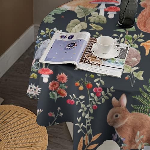 Watercolor Forest Tablecloth, Rustic Woodland Animals Squirrel Rabbit Fox Wild Flower Mushroom Leaves Print Table Cloth Cover for Kitchen Dining Indoor Outdoor Decor, 60x60in