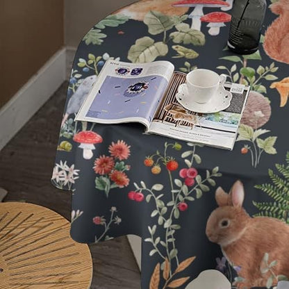 Watercolor Forest Tablecloth, Rustic Woodland Animals Squirrel Rabbit Fox Wild Flower Mushroom Leaves Print Table Cloth Cover for Kitchen Dining Indoor Outdoor Decor, 60x60in