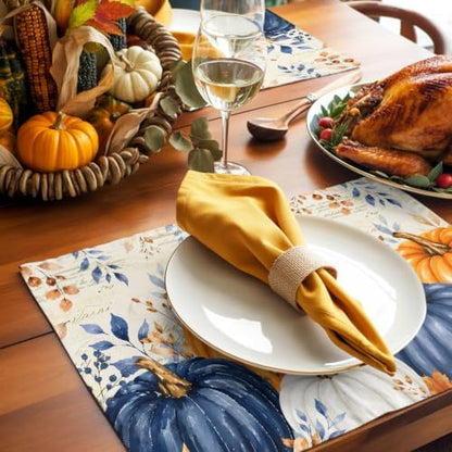 Fall Thanksgiving Placemats Set of 4, Orange Navy Blue Pumpkin Heat Resistant Washable Dining Table Mats Fall Holiday Farmhouse Decor for Kitchen&Linens Outdoor Indoor, Harvest Autumn Leaves