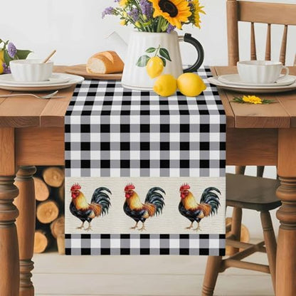 Farm Animals Chicken Table Runner Dresser Scarf 13 x 60 Inch Black White Buffalo Plaid Linen Table Runners Non-Slip Heat Resistant Kitchen Dining Table Decor for Home Holidays Indoor Outdoor