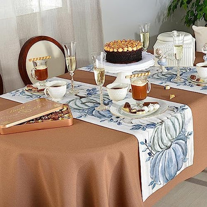 Fall Table Runner Blue Pumpkin Table Runners Harvest Thanksgiving White Blue Pumpkins Wooden Cotton Linen Dresser Scarf Kitchen Dining Table Decor for Autumn Holiday Party Coffee 13x90 Inch