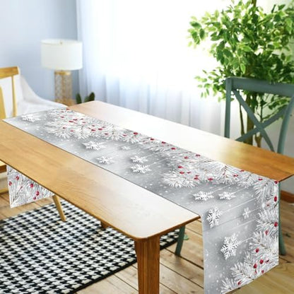 ALAZA Double-Sided Silver Christmas Tree Snowflake Table Runner 18x72 Inches Long,Table Cloth Runner for Wedding Birthday Party Kitchen Dining Home Everyday Decor