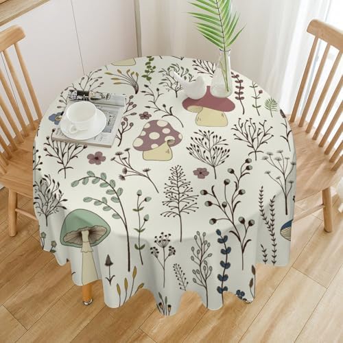 Mushroom Tablecloth, Boho Floral Rustic Wildflower Herbs Plants Colorful Botanical Green Leaves Print Table Cloth for Kitchen Dining Picnic Party Restaurant Decoration, 36x36in