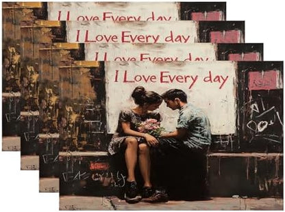 Batmerry Couple Love Linen Placemats Set of 4, Two People Sitting Close Love Message in The Washable Table Mats for Kitchen Table Thickened Heat Insulation Dining Set Indoor Outdoor 12X18 in