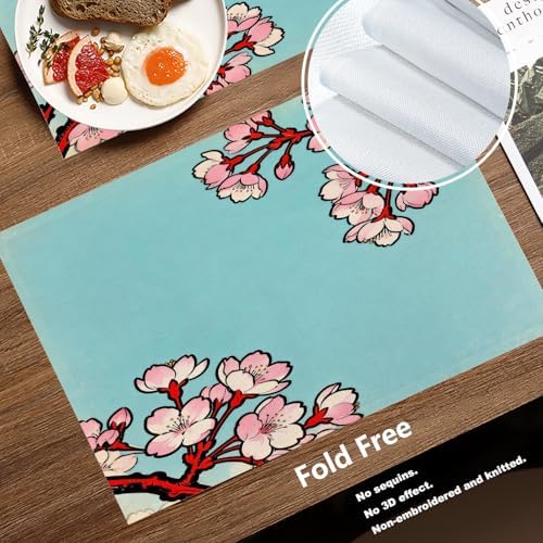 Batmerry Shabby Chic Cherry Blossom Linen Placemats Set of 8, Red Black Cherry Branch Washable Table Mats for Kitchen Table Thickened Heat Insulation Dining Set Indoor Outdoor 12X18 in