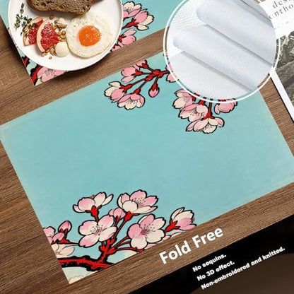 Batmerry Shabby Chic Cherry Blossom Linen Placemats Set of 8, Red Black Cherry Branch Washable Table Mats for Kitchen Table Thickened Heat Insulation Dining Set Indoor Outdoor 12X18 in