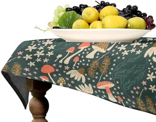 Mushroom Table Cloth, Vintage Woodland Summer Flowers Plants Forest Botanical Leaves Table Cover for Farmhouse Kitchen Dining Room Table Decor 60x90in