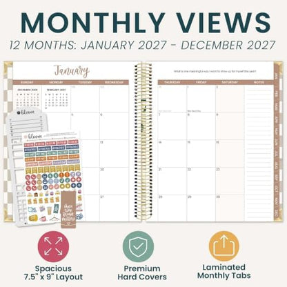 bloom daily planners 2027 Hardcover Goal & Vision Planner (January - December 2027) - Monthly & Weekly Calendar Year Agenda Organizer - 7.5" x 9" - Checkered, Café
