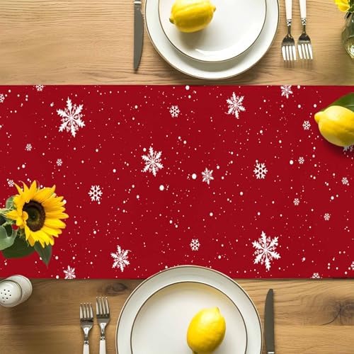 Christmas Snowman Red Table Runner Dresser Scarf 13 x 120 Inch Cute Xmas Snowman Snowflakes Winter Table Runners Non-Slip Heat Resistant Kitchen Dining Table Decor for Home Holidays Indoor Outdoor