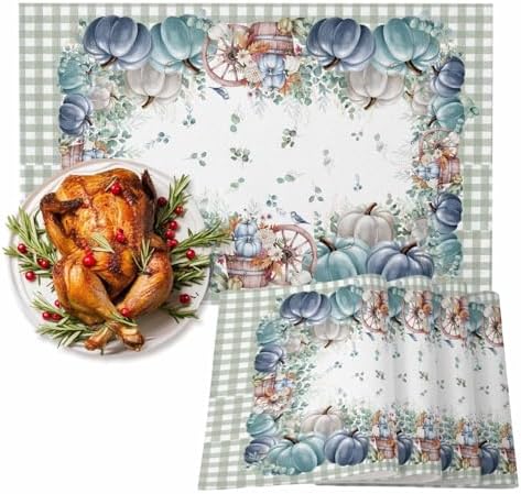 Fall Thanksgiving Placemat, Navy Blue Pumpkins Green Eucalyptus Leaves Heat Resistant Washable Table Place Mats Sage Farmhouse Plaid Table Linens Decor for Home Kitchen Dining Outdoor Indoor